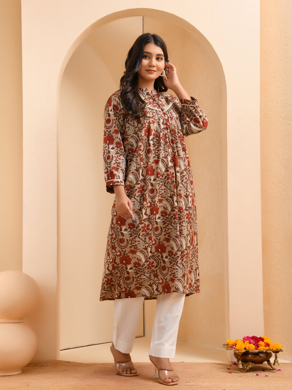 Brown floral printed gathered short kurta with solid pants