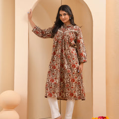 Brown floral printed gathered short kurta with solid pants