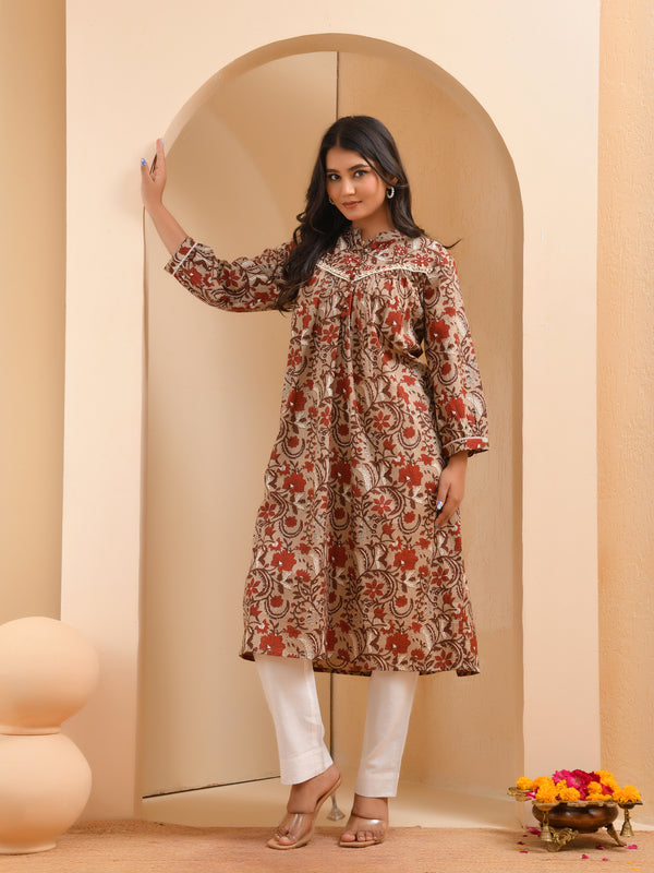 Brown floral printed gathered short kurta with solid pants