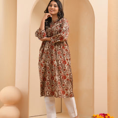 Brown floral printed gathered short kurta with solid pants