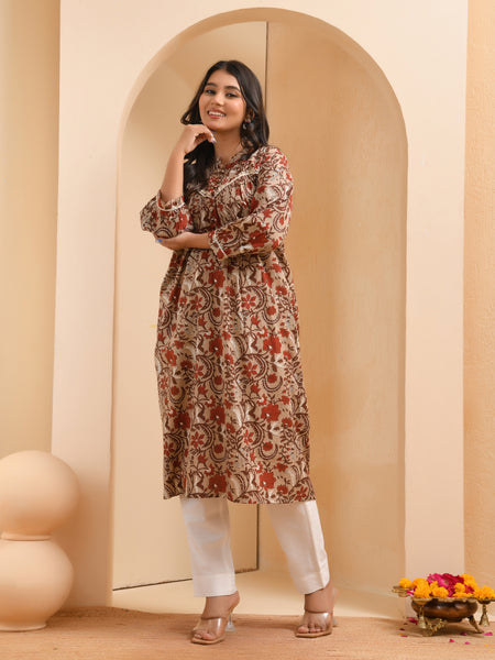 Brown floral printed gathered short kurta with solid pants