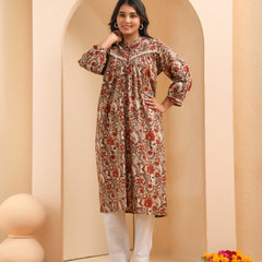 Brown floral printed gathered short kurta with solid pants