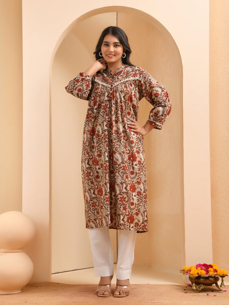 Brown floral printed gathered short kurta with solid pants