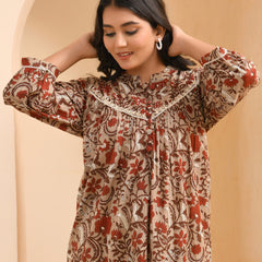 Brown floral printed gathered short kurta with solid pants