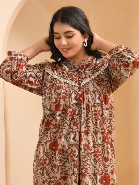 Brown floral printed gathered short kurta with solid pants