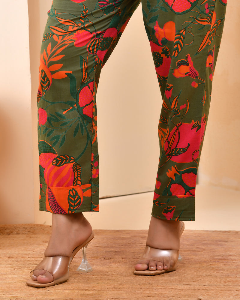 Henna floral printed aline high low pattern kurta with solid pants