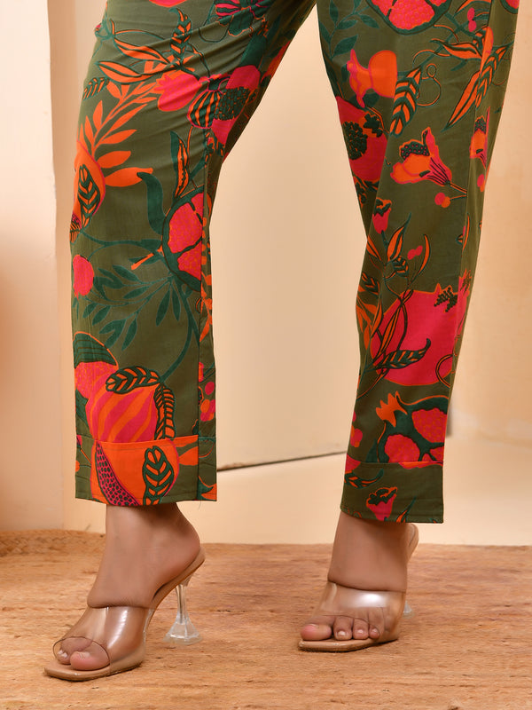 Henna floral printed aline high low pattern kurta with solid pants