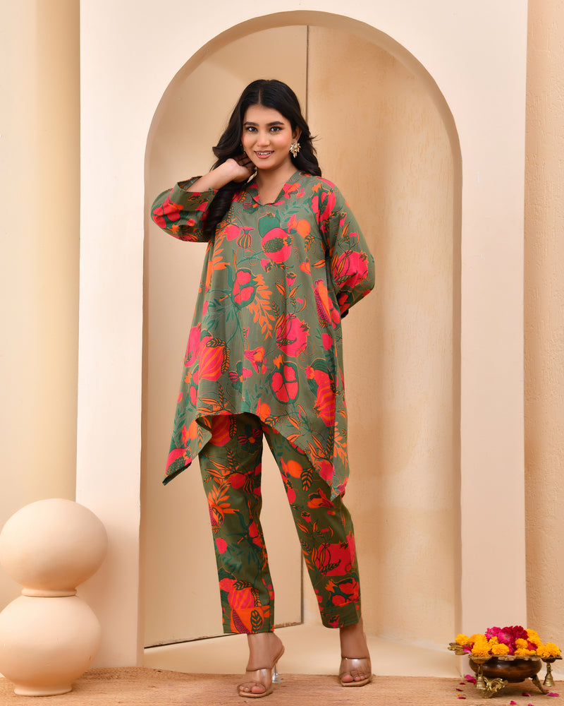 Henna floral printed aline high low pattern kurta with solid pants