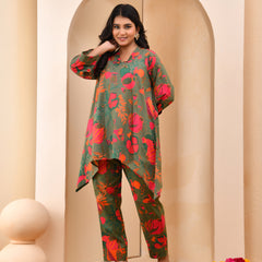 Henna floral printed aline high low pattern kurta with solid pants