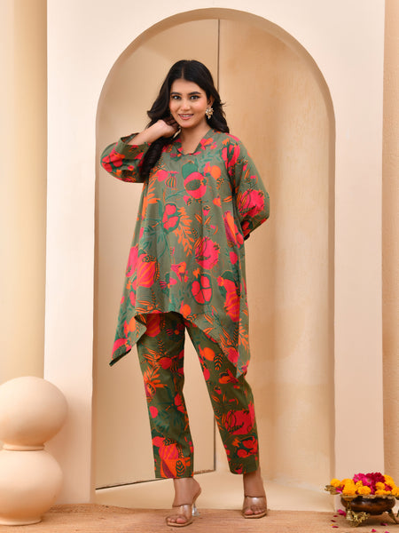 Henna floral printed aline high low pattern kurta with solid pants