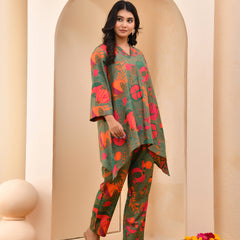 Henna floral printed aline high low pattern kurta with solid pants
