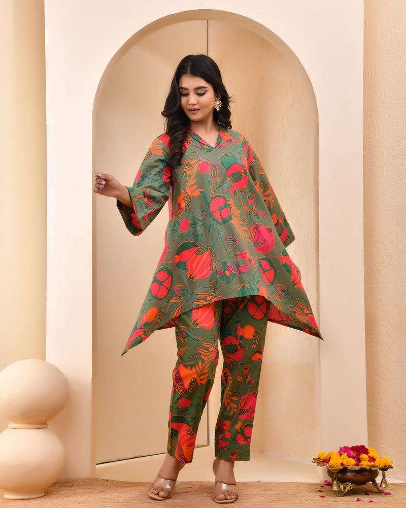 Henna floral printed aline high low pattern kurta with solid pants
