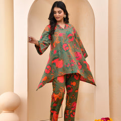Henna floral printed aline high low pattern kurta with solid pants
