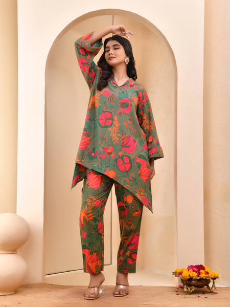 Henna floral printed aline high low pattern kurta with solid pants
