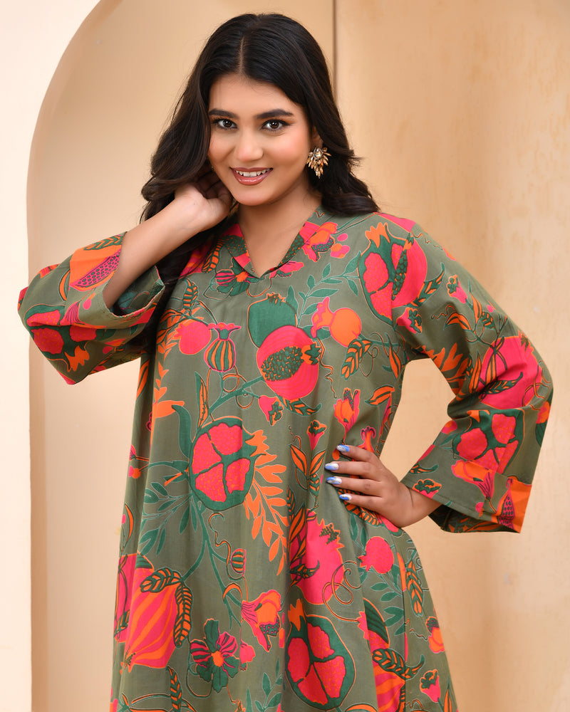 Henna floral printed aline high low pattern kurta with solid pants