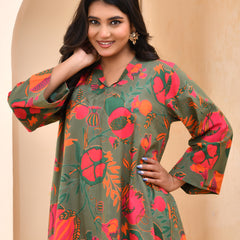 Henna floral printed aline high low pattern kurta with solid pants