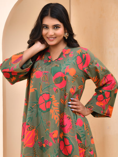 Henna floral printed aline high low pattern kurta with solid pants