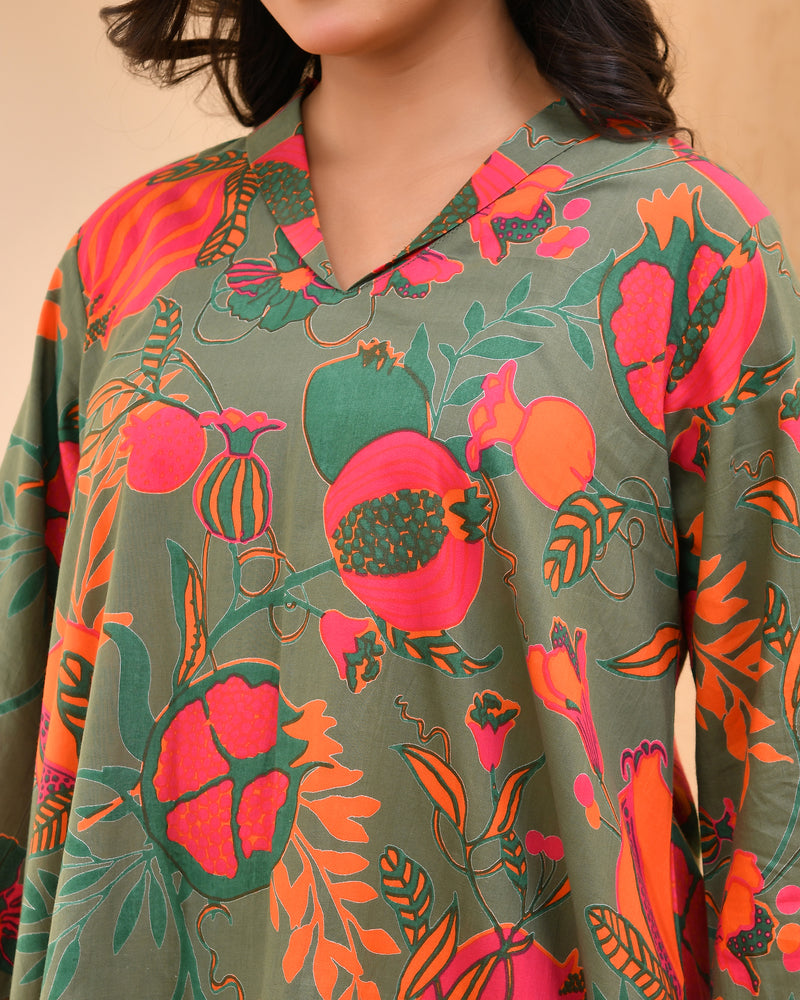 Henna floral printed aline high low pattern kurta with solid pants