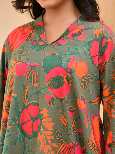 Henna floral printed aline high low pattern kurta with solid pants