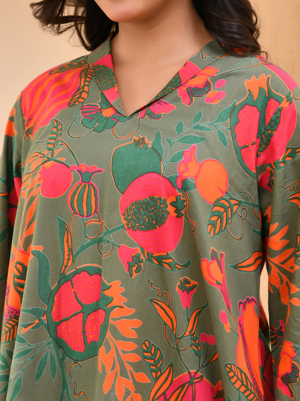 Henna floral printed aline high low pattern kurta with solid pants