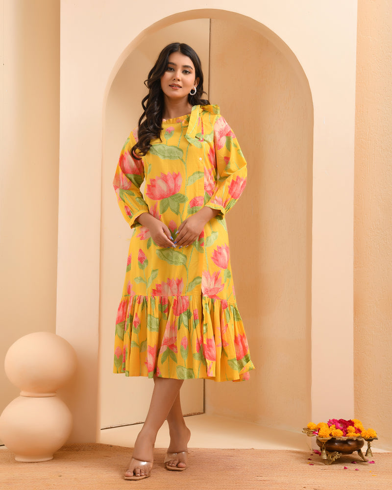 Yellow floral middie dress with shoulder tie-up and gathered panel