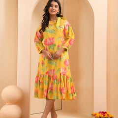 Yellow floral middie dress with shoulder tie-up and gathered panel