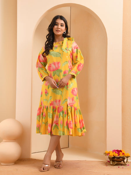 Yellow floral middie dress with shoulder tie-up and gathered panel