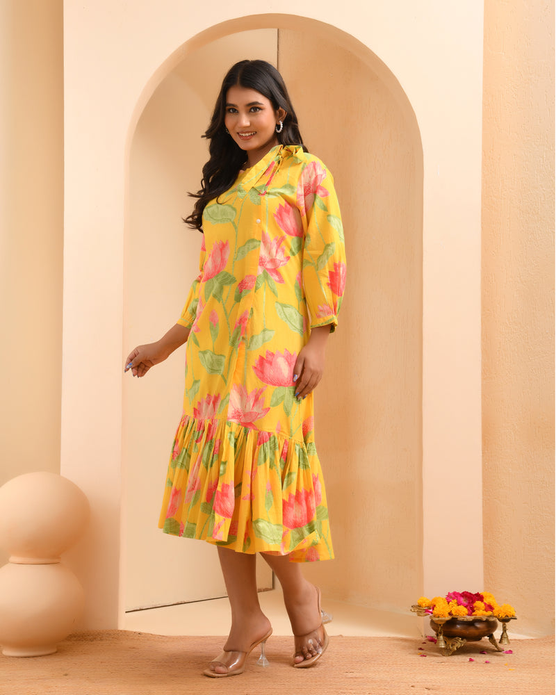 Yellow floral middie dress with shoulder tie-up and gathered panel
