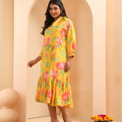 Yellow floral middie dress with shoulder tie-up and gathered panel