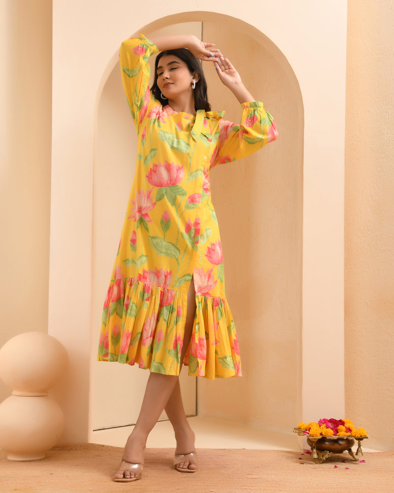 Yellow floral middie dress with shoulder tie-up and gathered panel