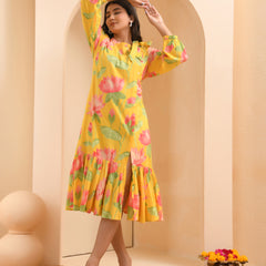 Yellow floral middie dress with shoulder tie-up and gathered panel