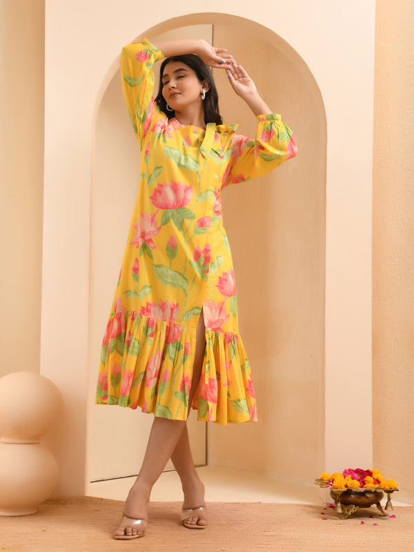 Yellow floral middie dress with shoulder tie-up and gathered panel