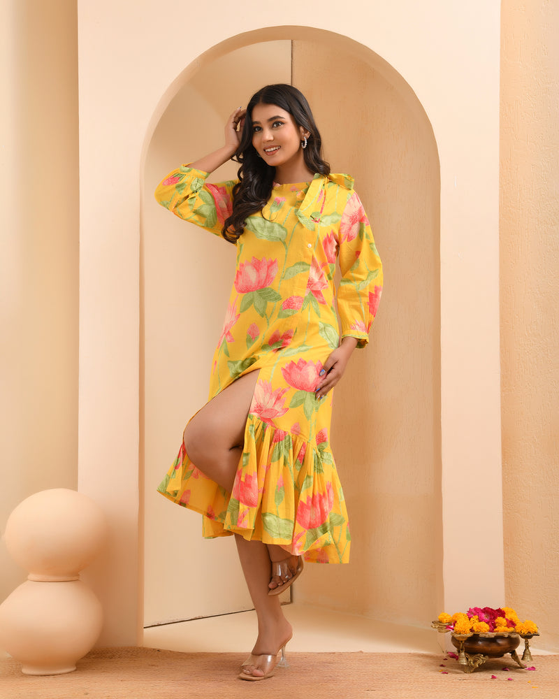Yellow floral middie dress with shoulder tie-up and gathered panel