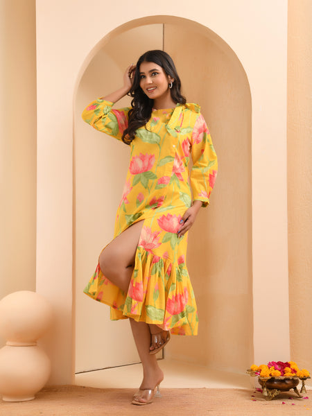 Yellow floral middie dress with shoulder tie-up and gathered panel