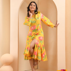 Yellow floral middie dress with shoulder tie-up and gathered panel