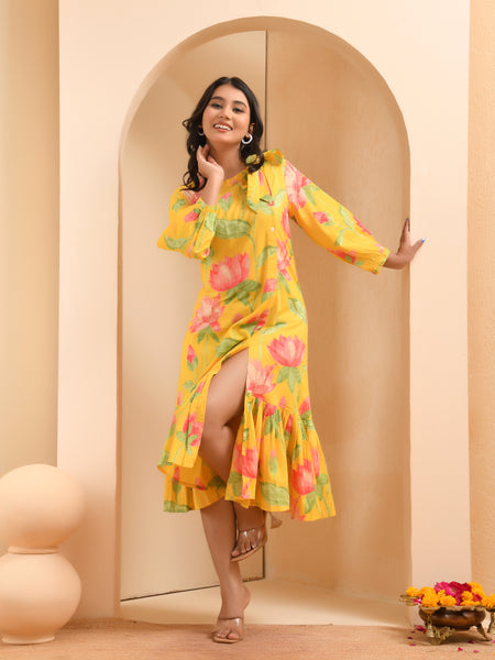 Yellow floral middie dress with shoulder tie-up and gathered panel