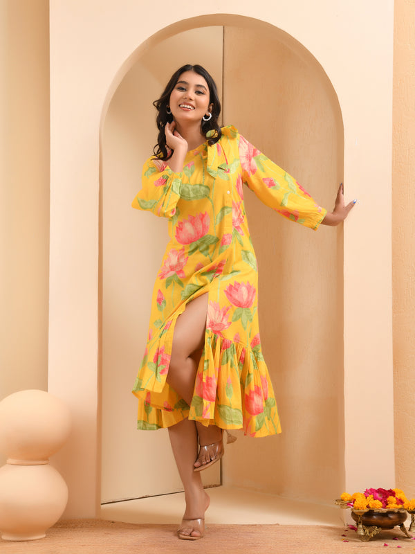 Yellow floral middie dress with shoulder tie-up and gathered panel