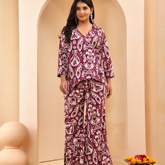 Purple Ikat print overlap cord set with bell bottom style pants