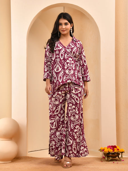 Purple Ikat print overlap cord set with bell bottom style pants