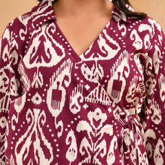 Purple Ikat print overlap cord set with bell bottom style pants