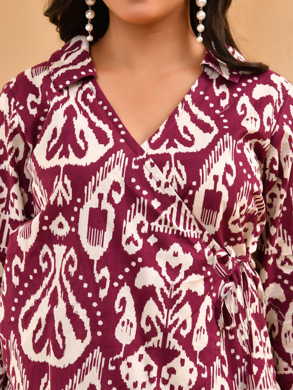 Purple Ikat print overlap cord set with bell bottom style pants
