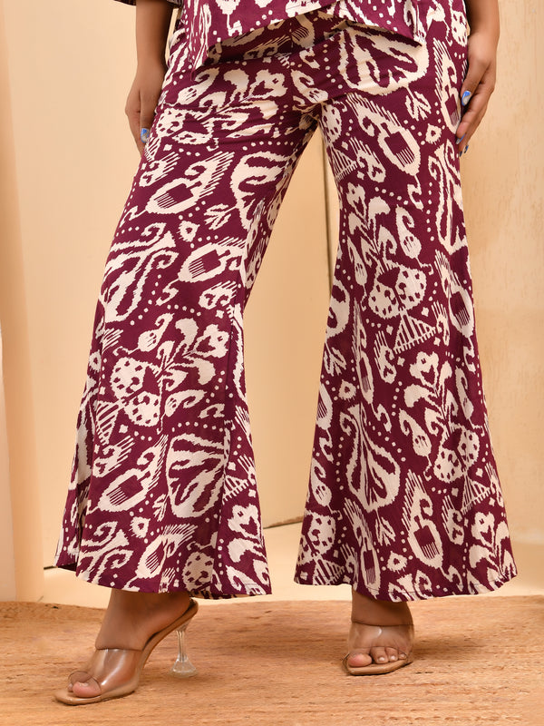Purple Ikat print overlap cord set with bell bottom style pants