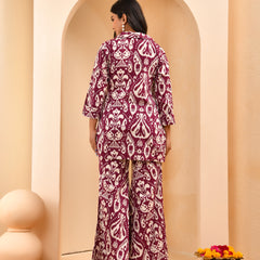 Purple Ikat print overlap cord set with bell bottom style pants