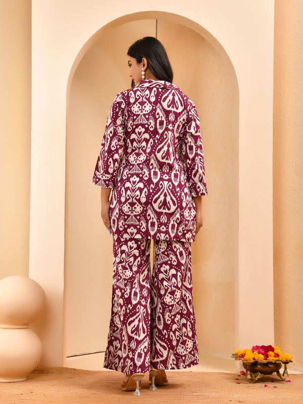 Purple Ikat print overlap cord set with bell bottom style pants