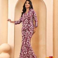 Purple Ikat print overlap cord set with bell bottom style pants