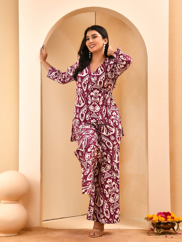 Purple Ikat print overlap cord set with bell bottom style pants