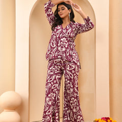 Purple Ikat print overlap cord set with bell bottom style pants