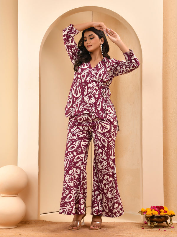 Purple Ikat print overlap cord set with bell bottom style pants