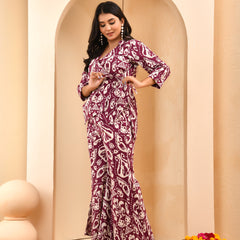 Purple Ikat print overlap cord set with bell bottom style pants
