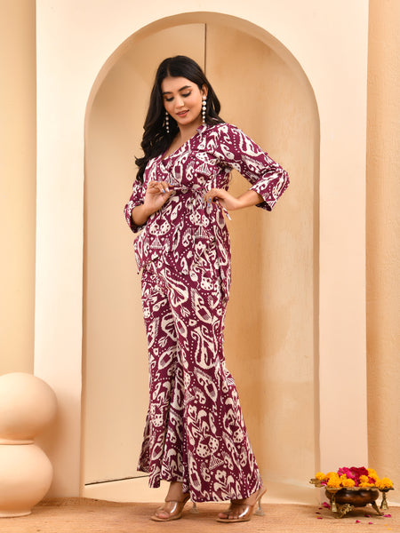 Purple Ikat print overlap cord set with bell bottom style pants